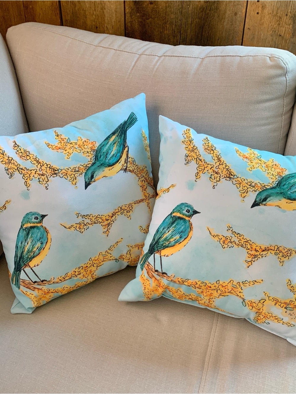 Set of 2 Blue & Yellow Bird Print Indoor Outdoor Decorative Throw Pillows